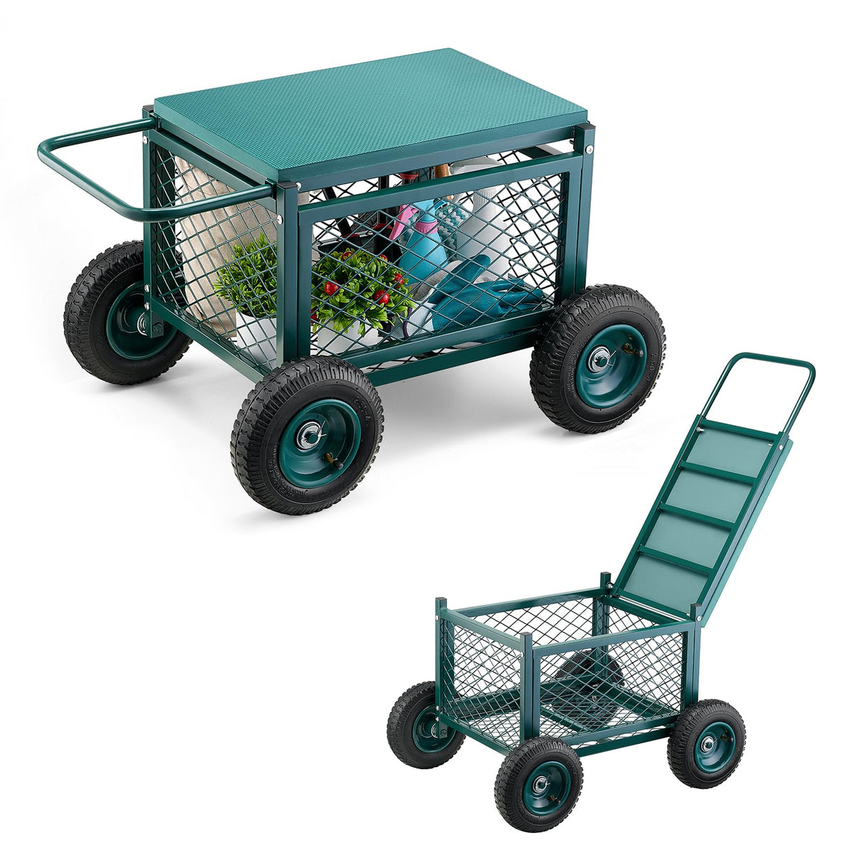 VEVOR front view of rolling garden cart showing stability and storage benefit