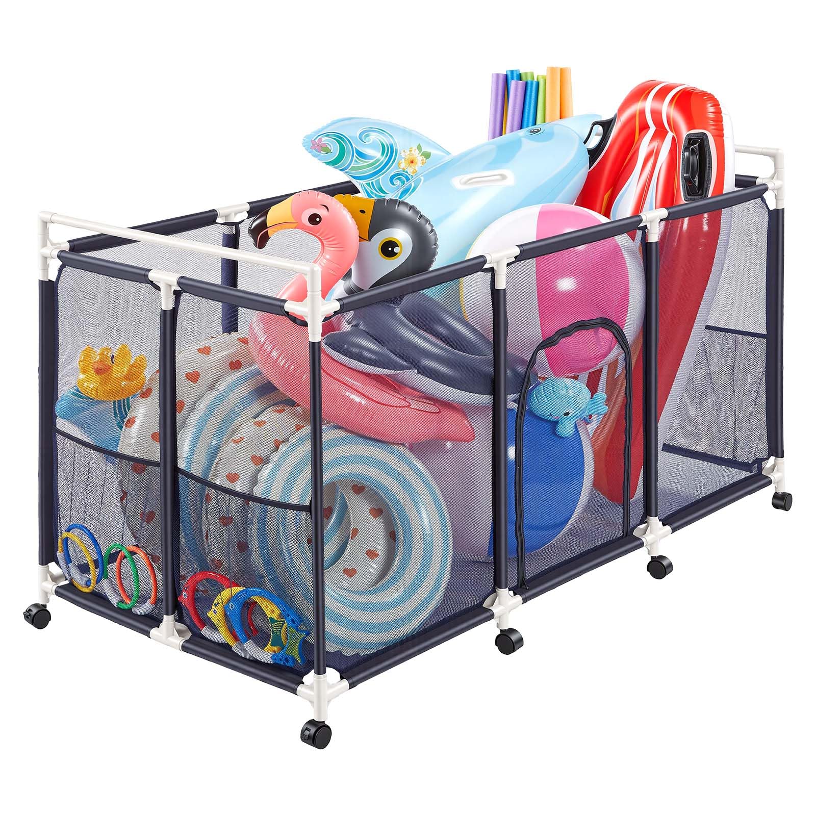 VEVOR front view of rolling pool storage bin showing capacity and organization benefits
