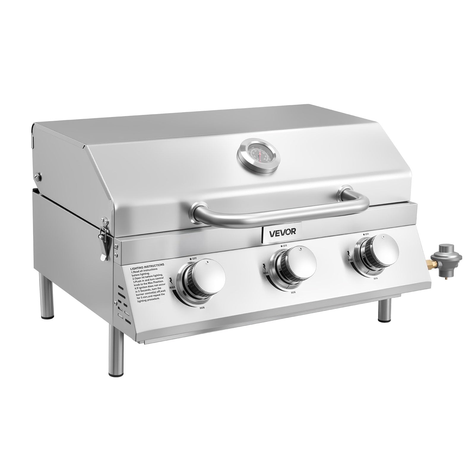 VEVOR front view of stainless steel tabletop grill showing sturdy construction and portability benefit