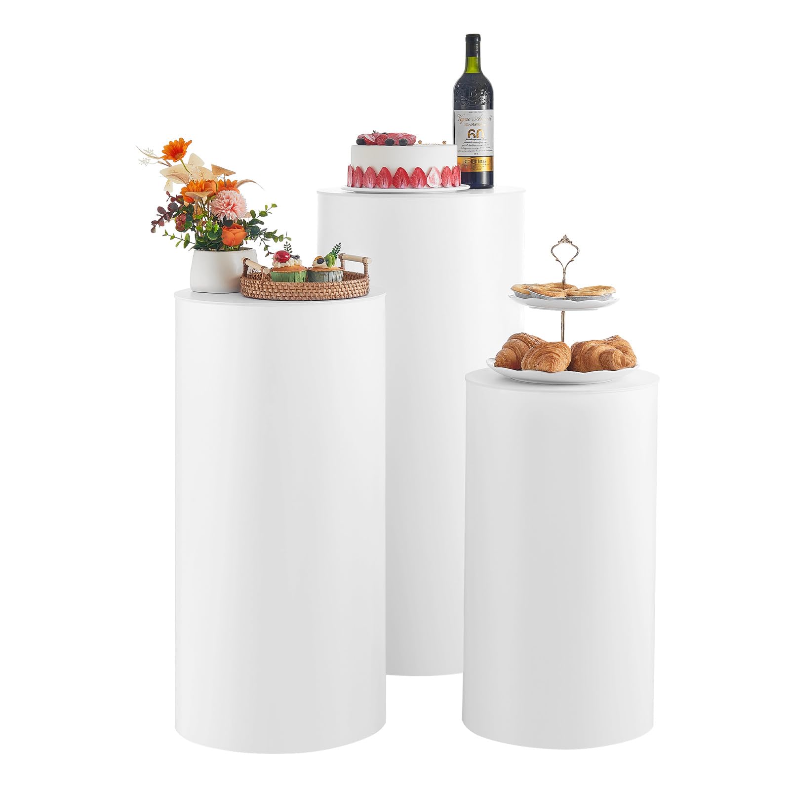 VEVOR front view of three white pedestals showing tiered display benefit