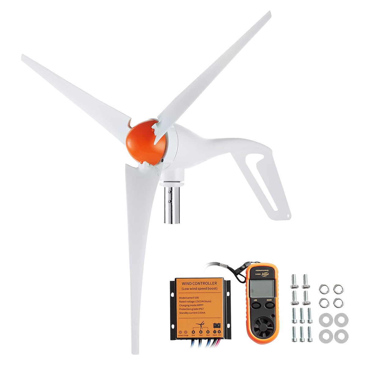 VEVOR front view of wind turbine showing compact design and reliable power