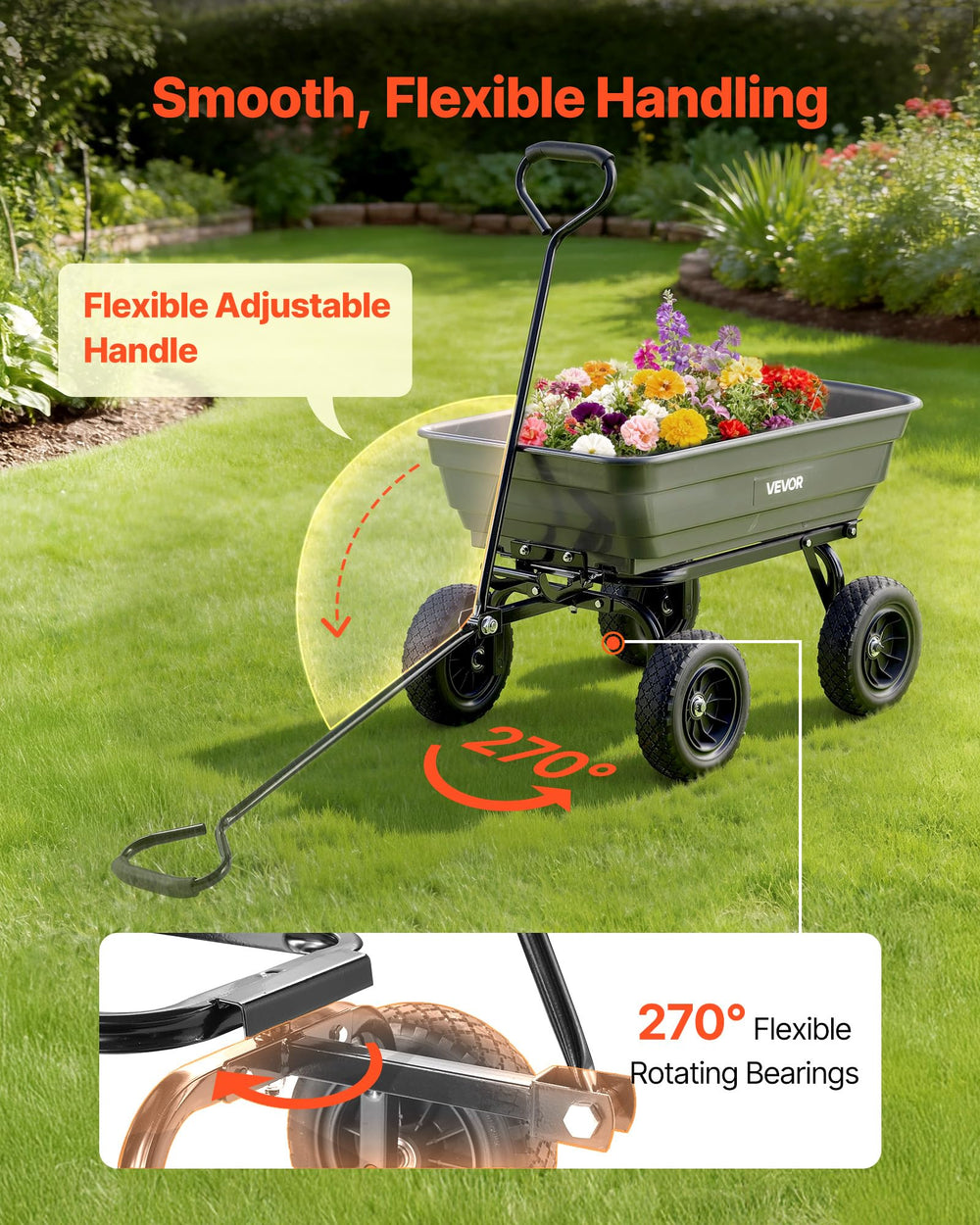 VEVOR cart mid-dump showing quick-release action, fast unloading benefit