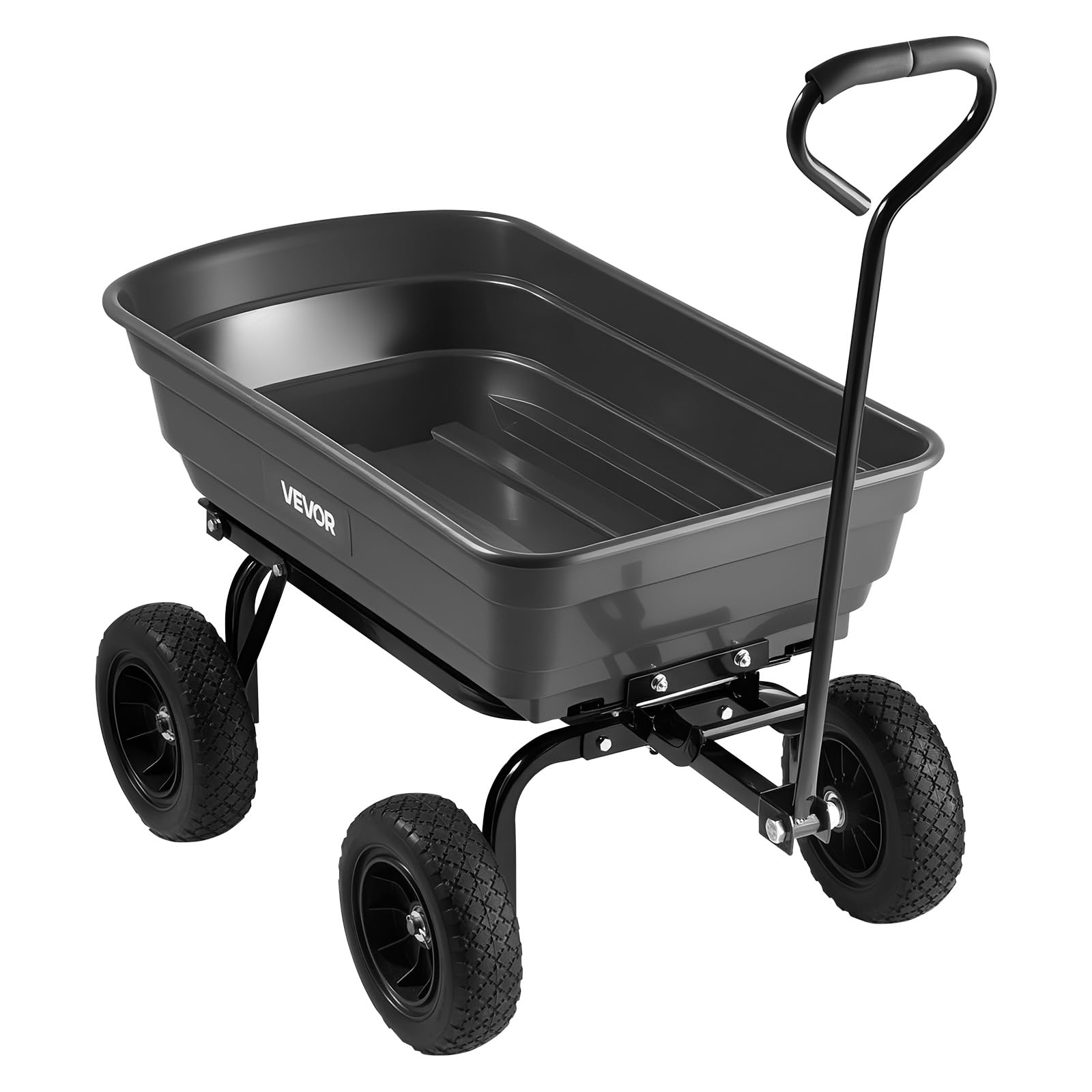 VEVOR garden cart in yard setting moving mulch, streamlines outdoor work