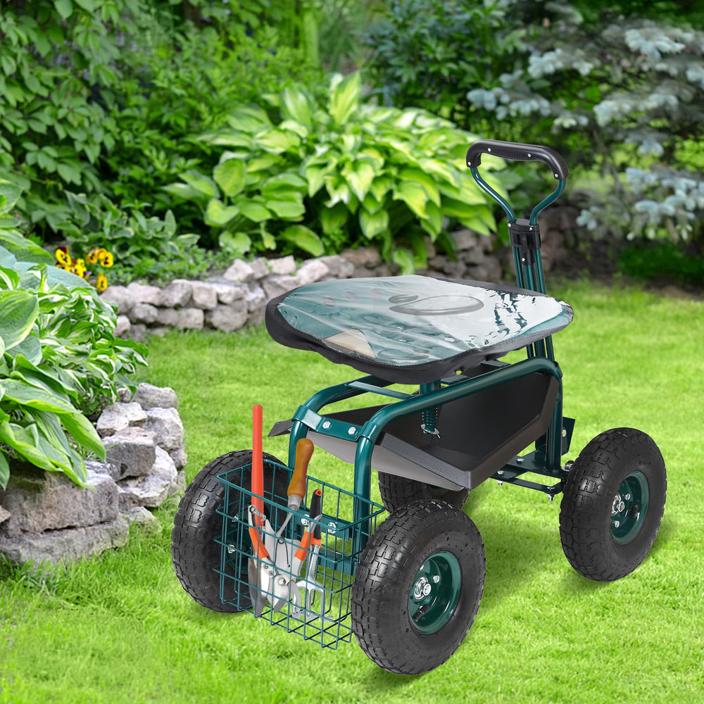 VEVOR cart next to a garden bench for scale to show compact footprint and mobility