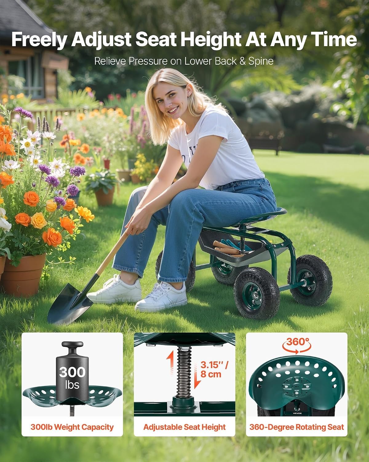VEVOR storage tray under seat holding tools for organized gardening