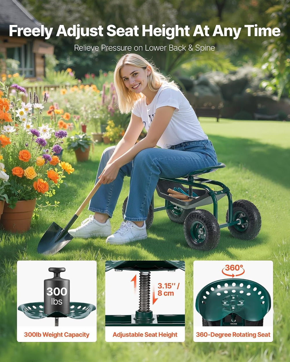 VEVOR storage tray under seat holding tools for organized gardening