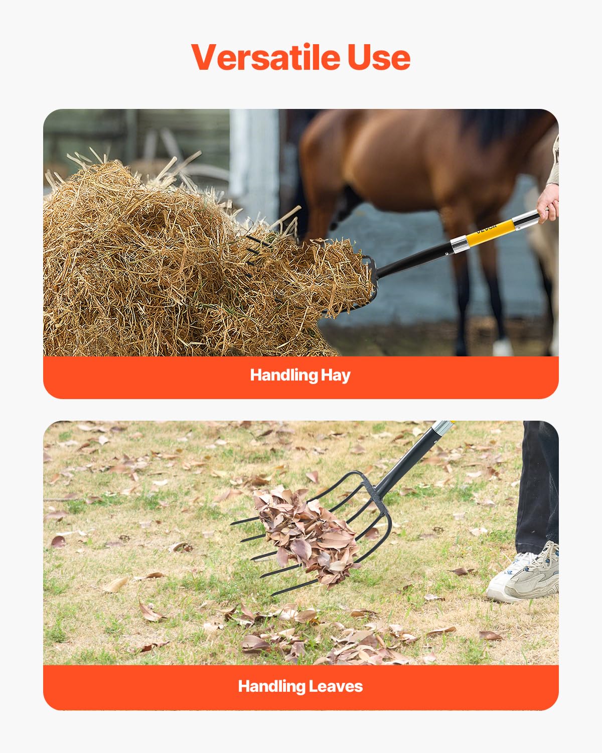 VEVOR fork lifting hay in a barn setting for easier material transport