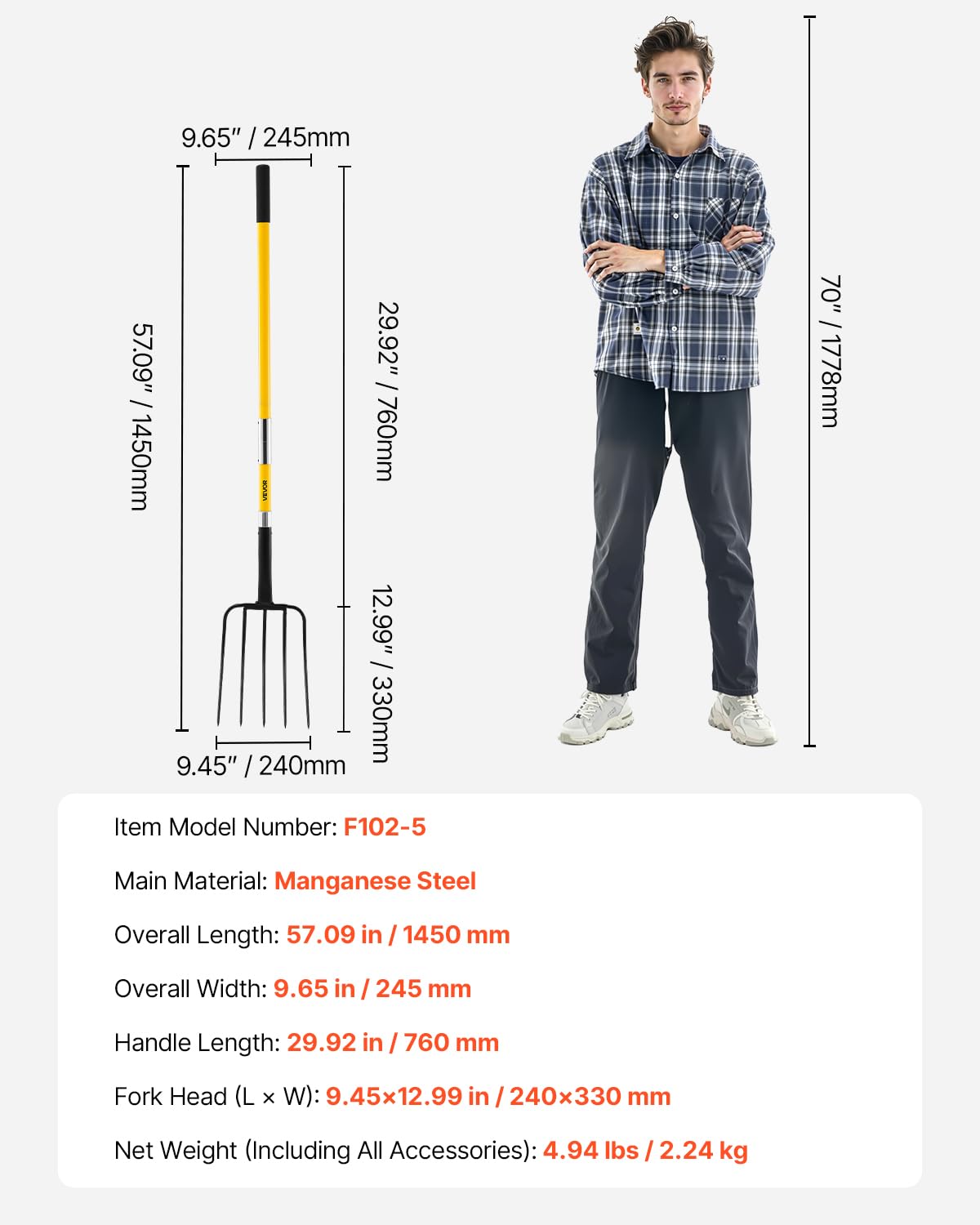 VEVOR fork beside door showing 57-inch length for reach and leverage