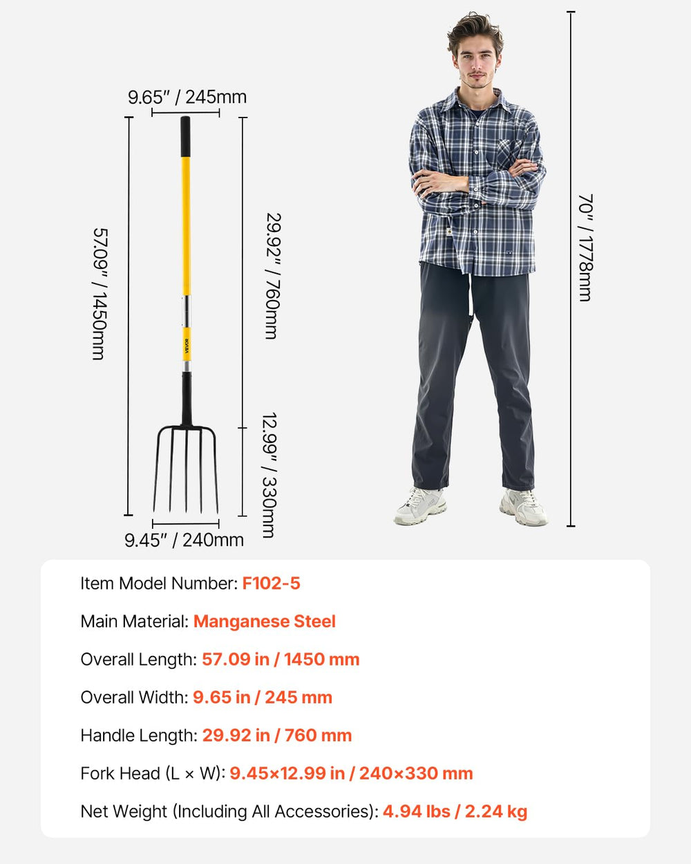 VEVOR fork beside door showing 57-inch length for reach and leverage