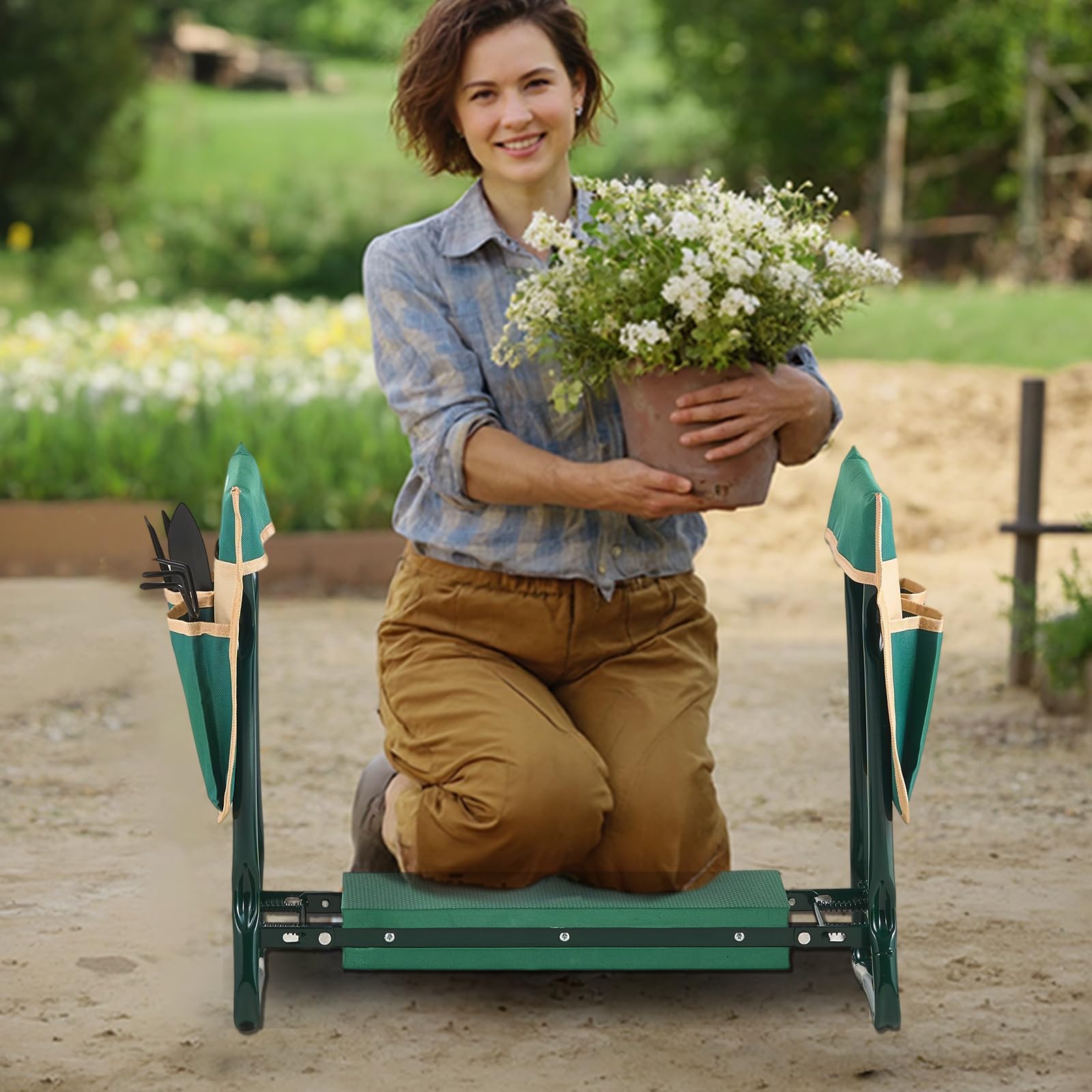 VEVOR person sitting on bench pruning plants showing comfortable seat support