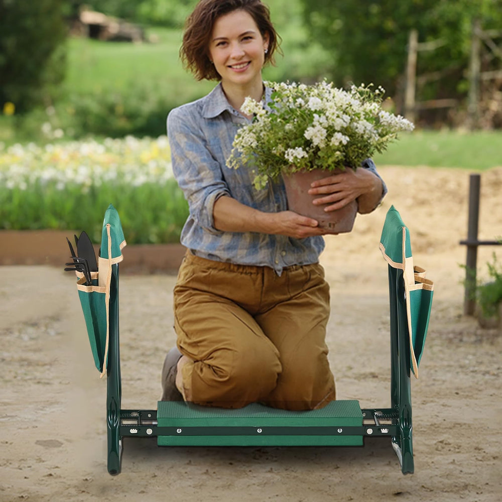 VEVOR person sitting on bench pruning plants showing comfortable seat support