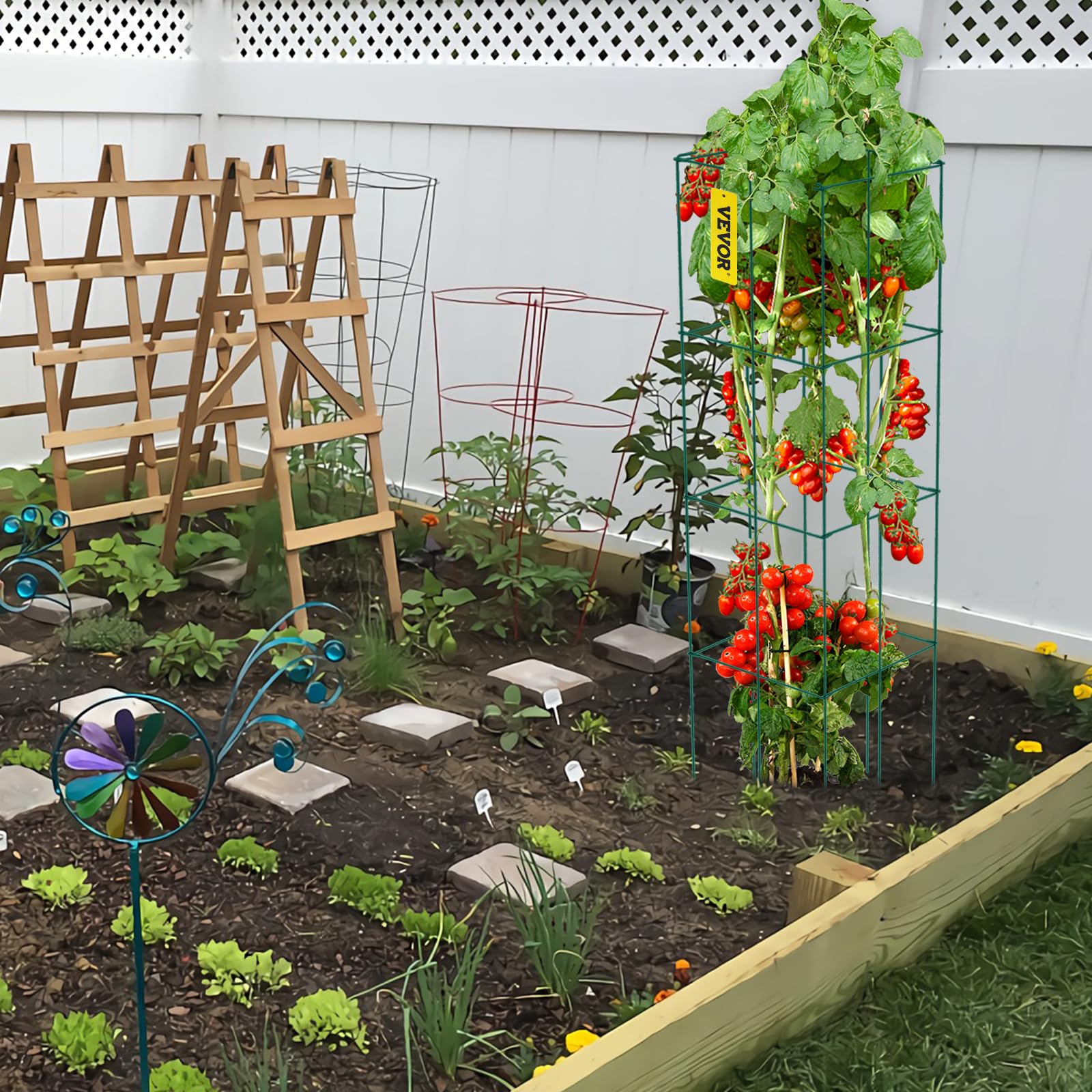 VEVOR multiple cages in garden row showing organized plant support benefit