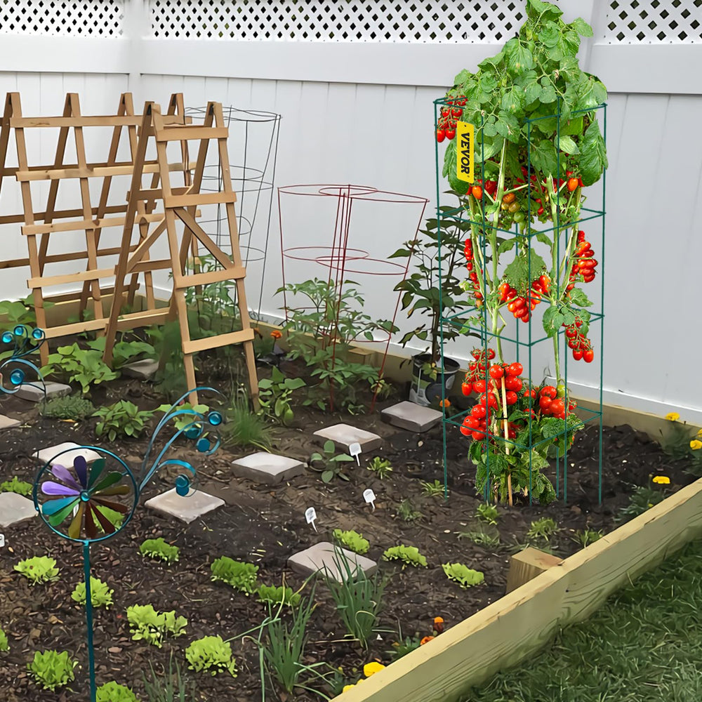 VEVOR multiple cages in garden row showing organized plant support benefit