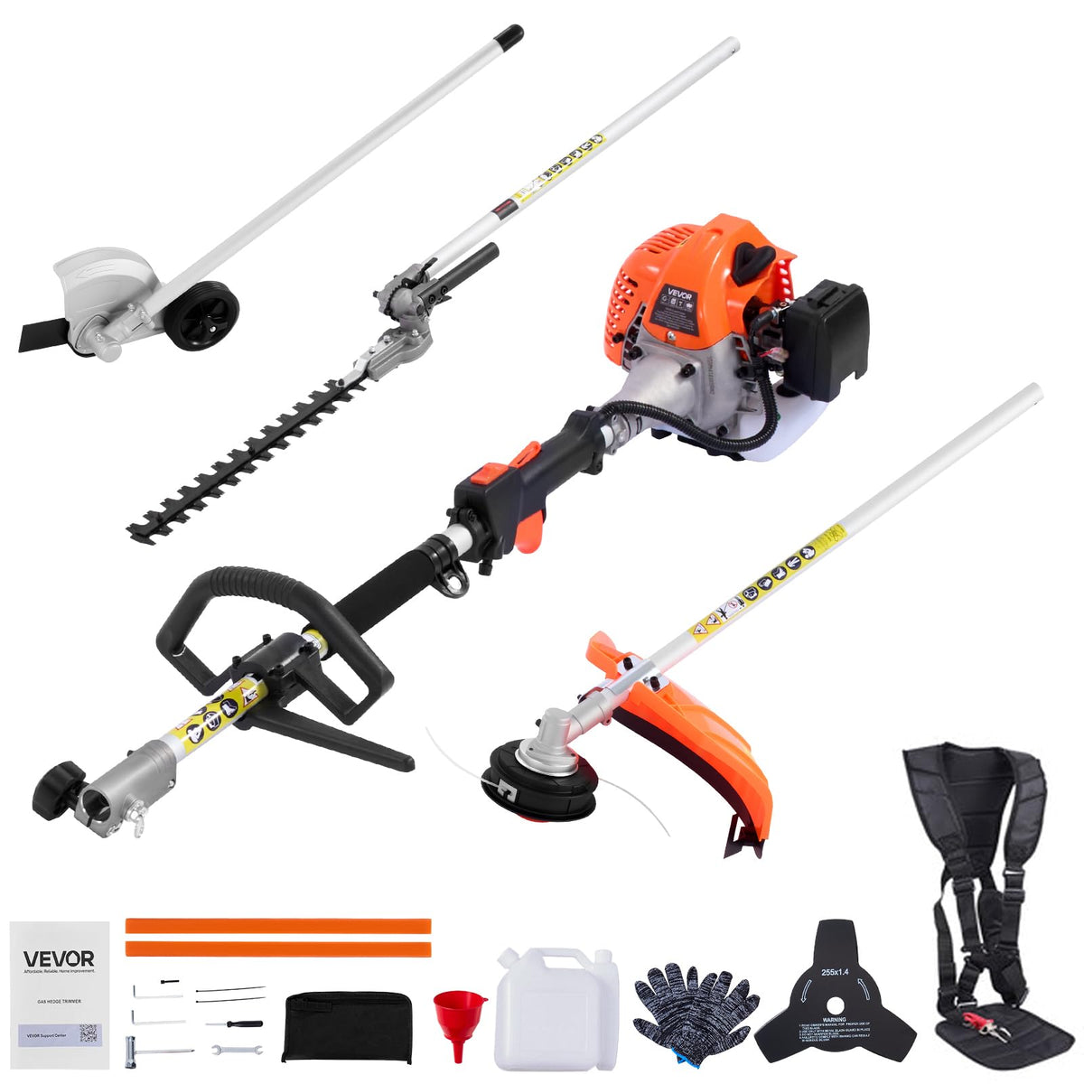 VEVOR front view of gas hedge trimmer showing complete kit for versatile yard work