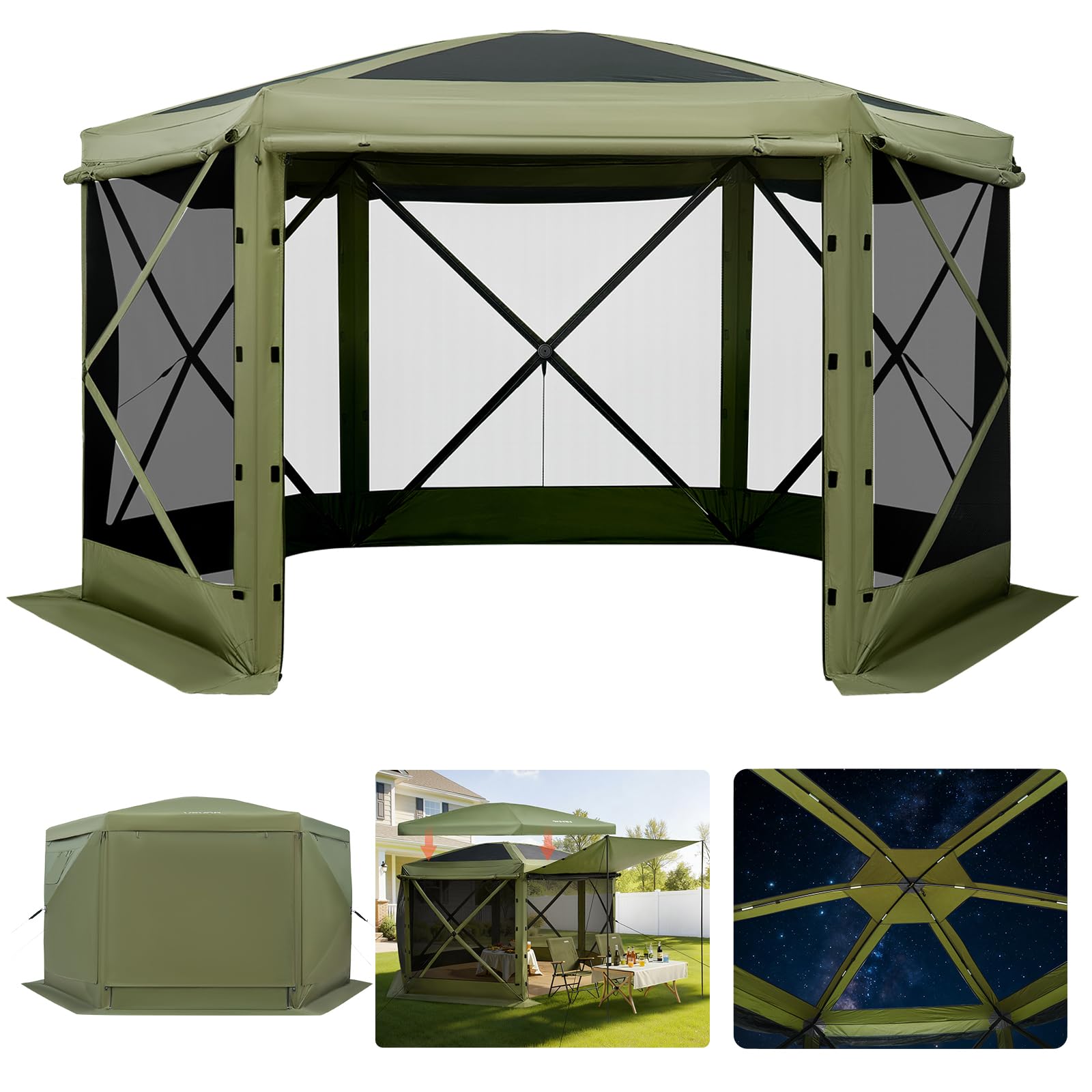 VEVOR gazebo front view showing full canopy and screened walls for shaded gatherings
