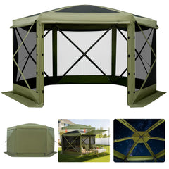 VEVOR gazebo front view showing full canopy and screened walls for shaded gatherings