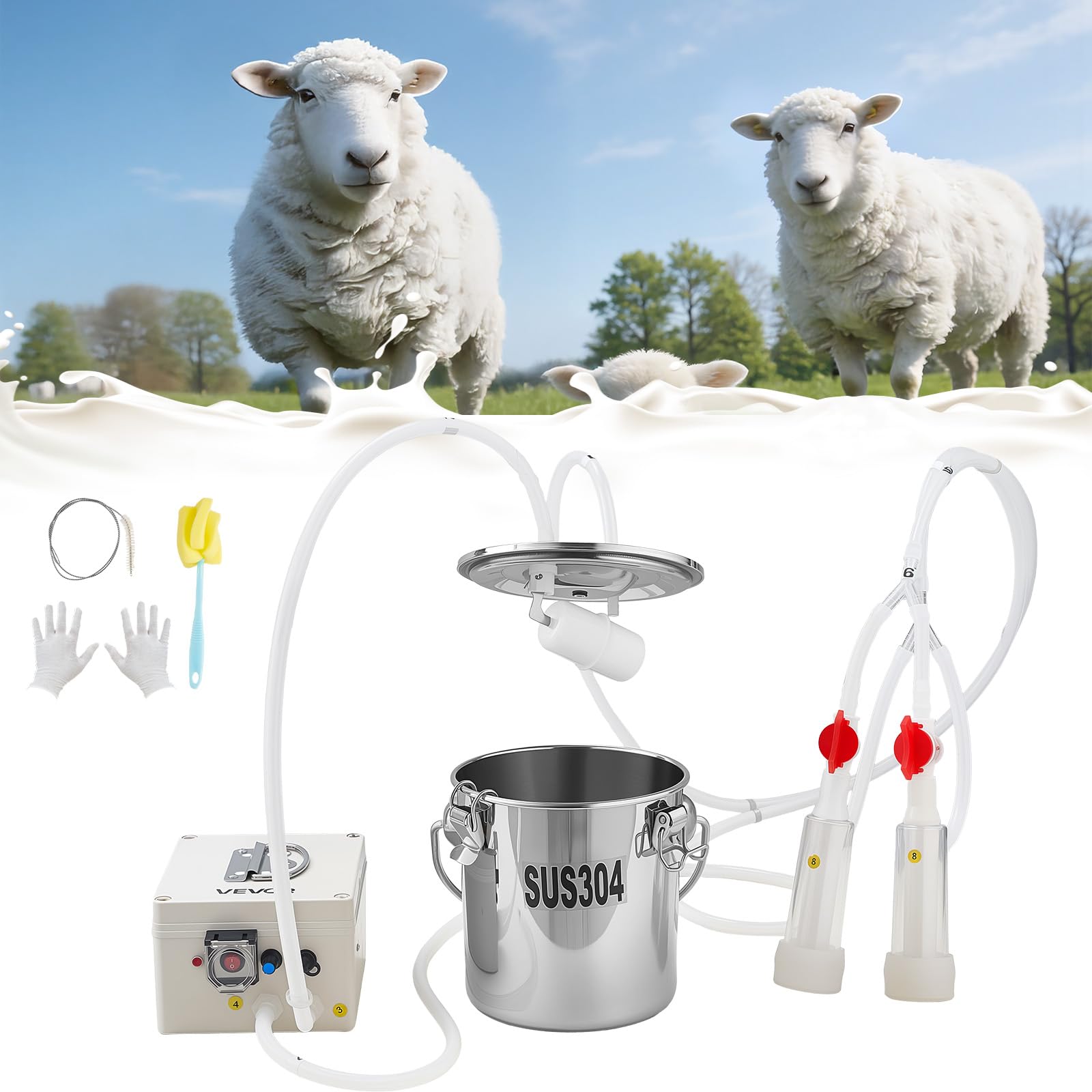 VEVOR milker front view showing compact portable design and quick setup benefit