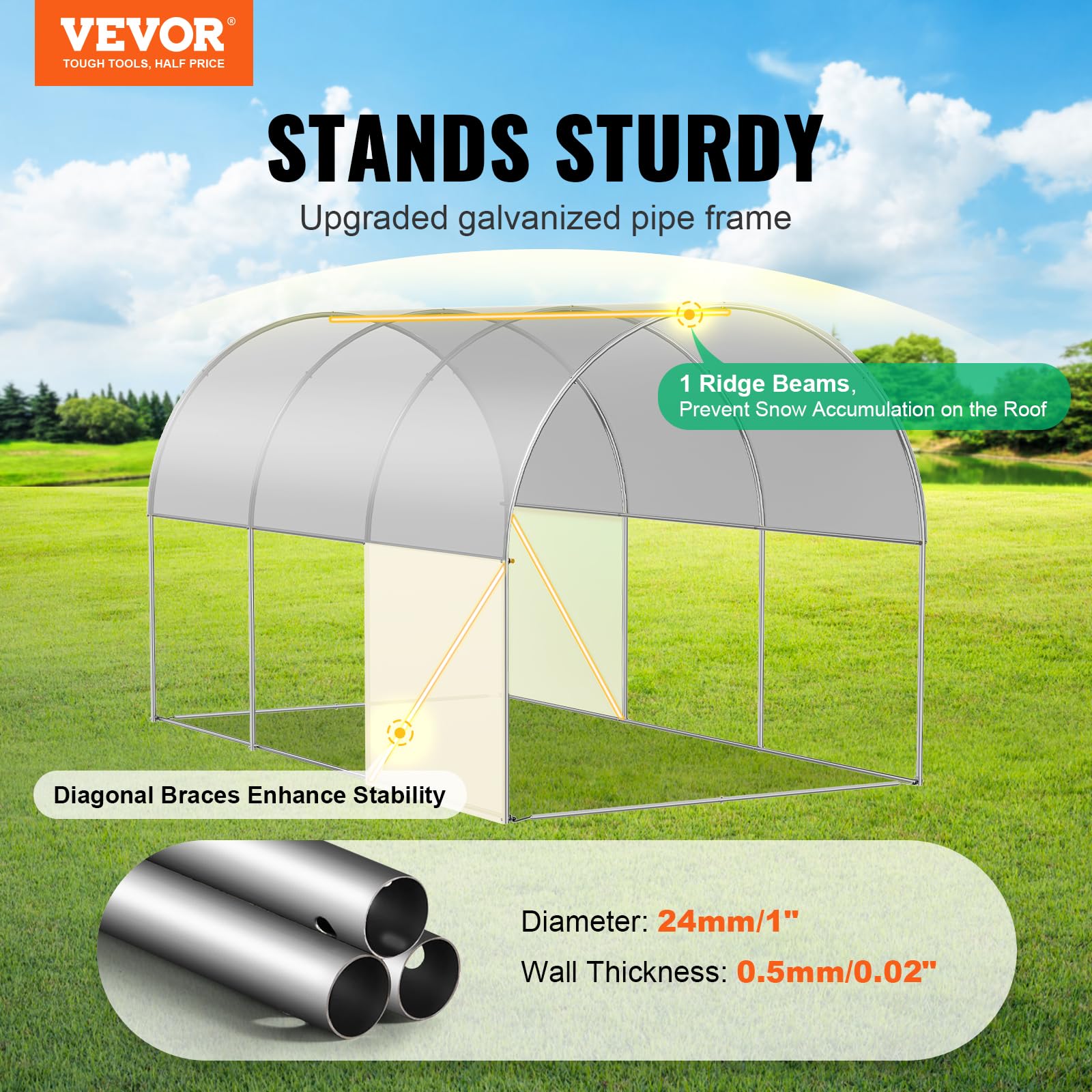 VEVOR galvanized steel frame close-up showing reinforced stability