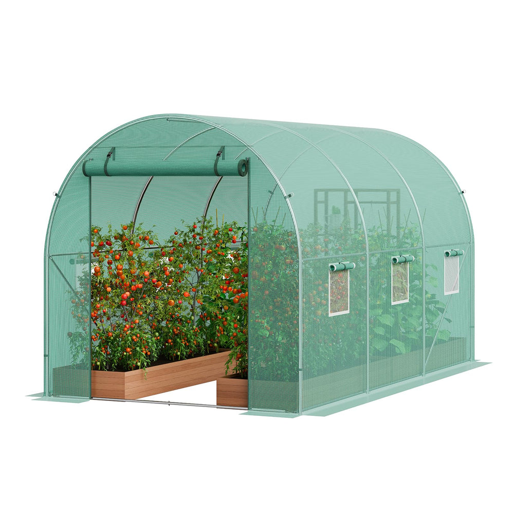VEVOR front view of tunnel greenhouse showing secure entry and coverage benefit