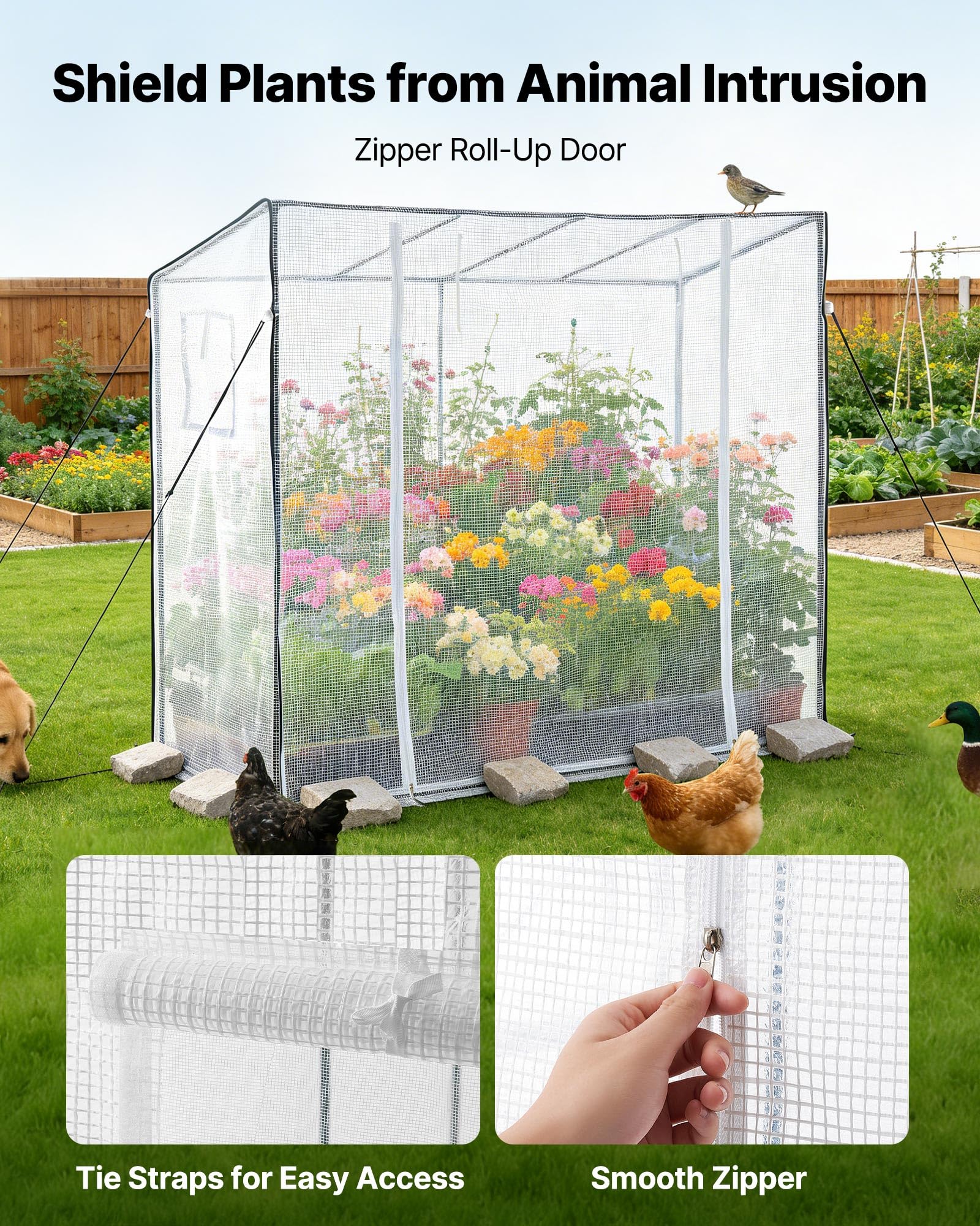 VEVOR greenhouse placed in a backyard illustrating compact, portable use