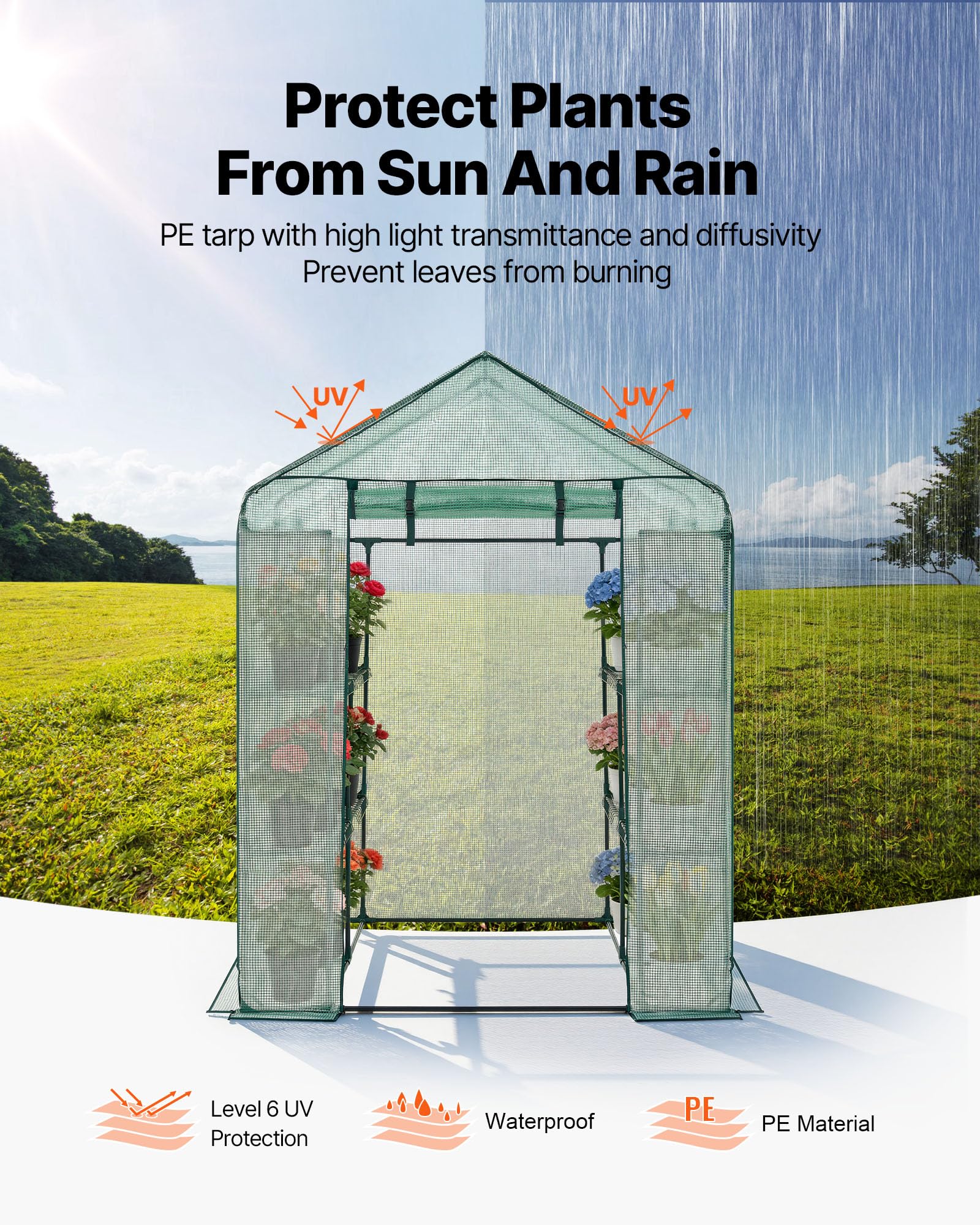 VEVOR greenhouse placed in backyard showing outdoor placement and shelter benefit