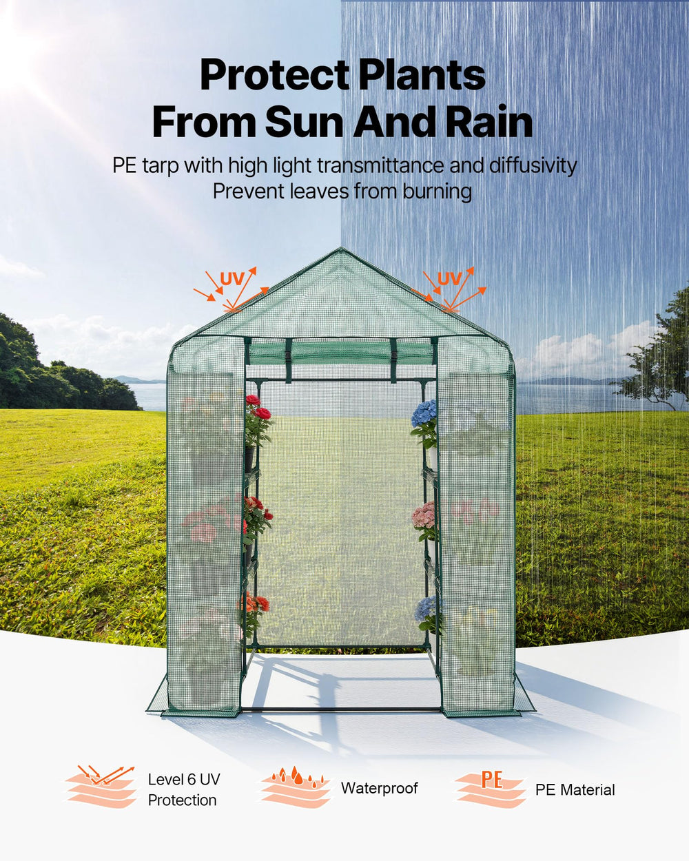 VEVOR greenhouse placed in backyard showing outdoor placement and shelter benefit
