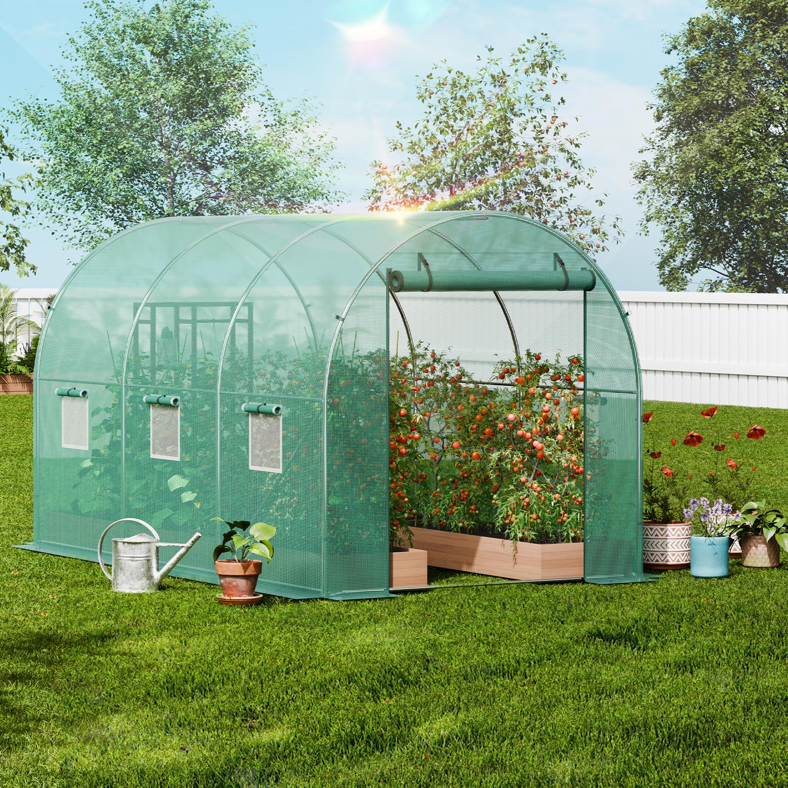 VEVOR greenhouse with person beside it showing scale and usable headroom benefit