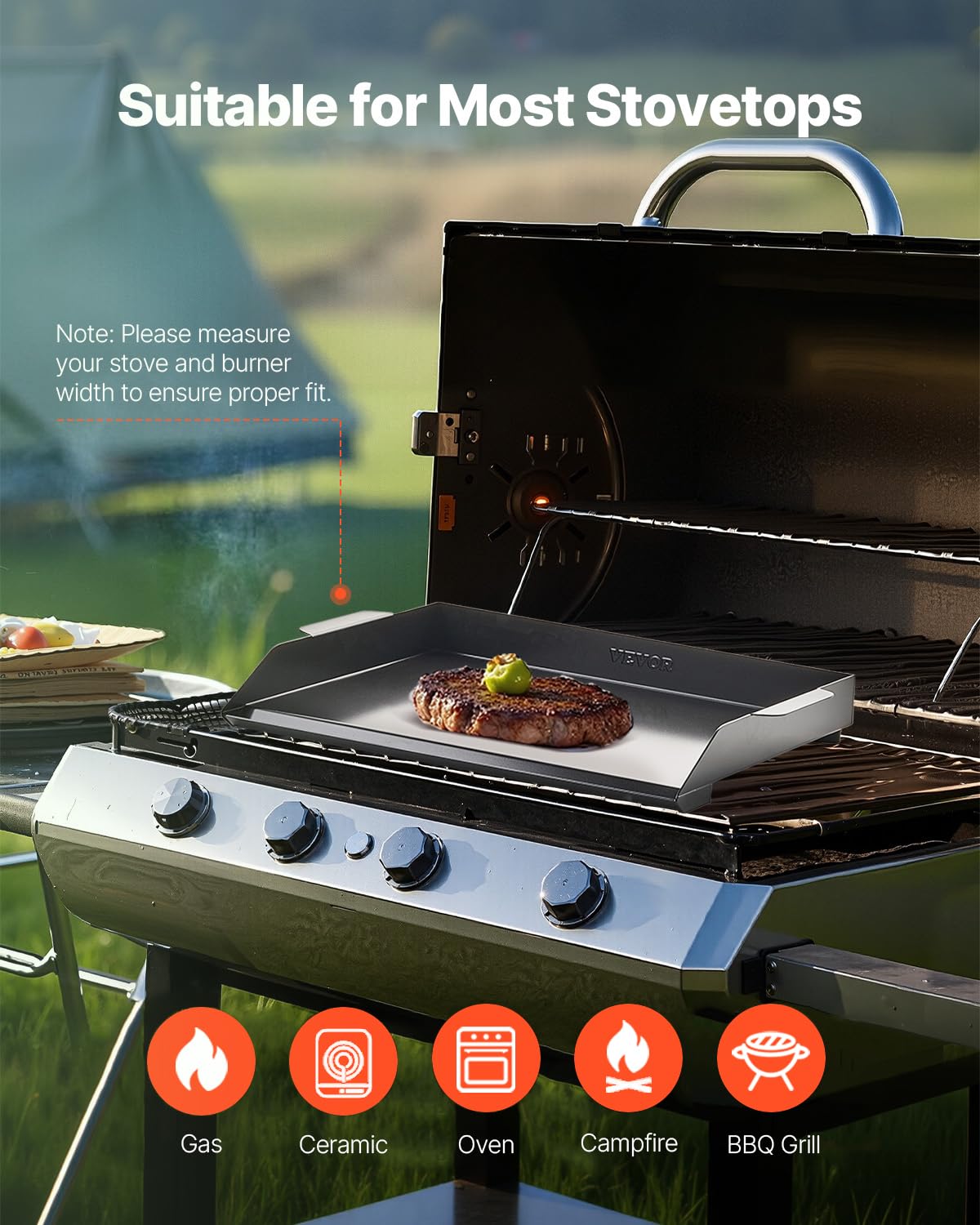 VEVOR griddle placed on gas stovetop offering even heat distribution for searing