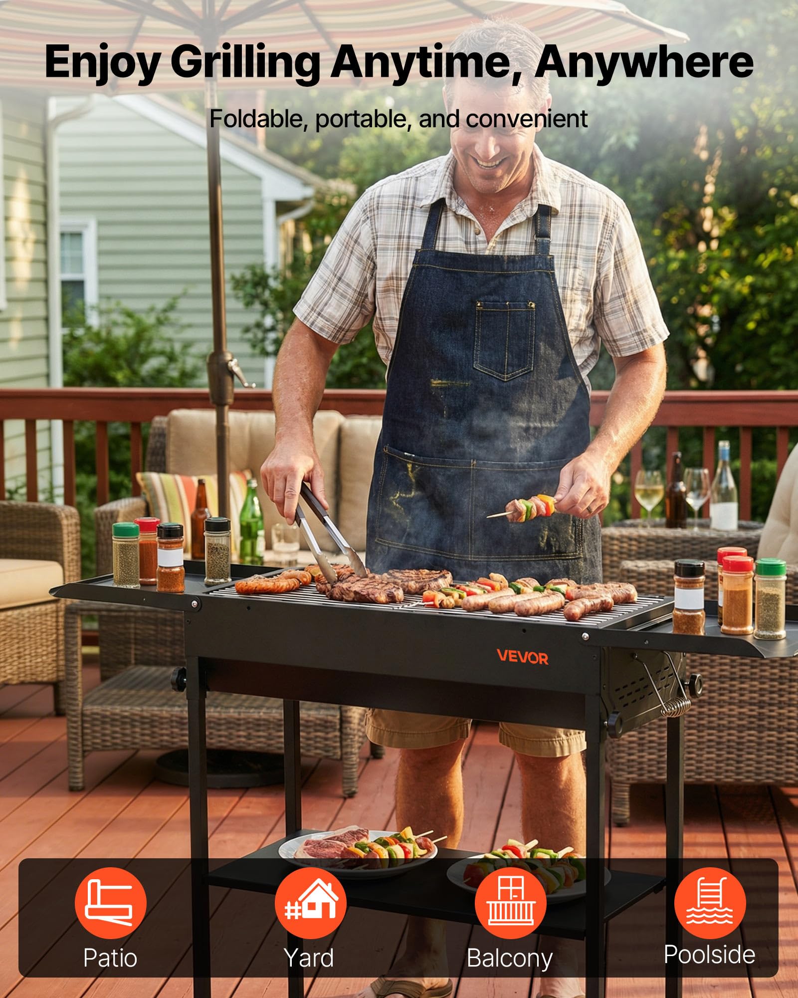VEVOR adjustable-height legs demonstrating stable cooking positions on uneven ground