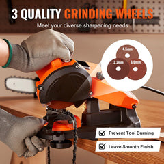 VEVOR three grinding wheels displayed for 3.2mm, 4.5mm, and 6.0mm versatility