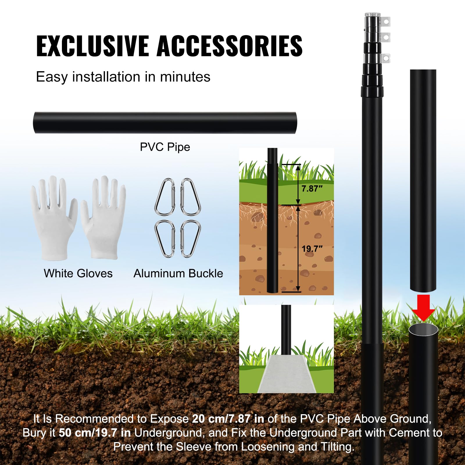 VEVOR ground installation parts laid out for simple assembly benefit