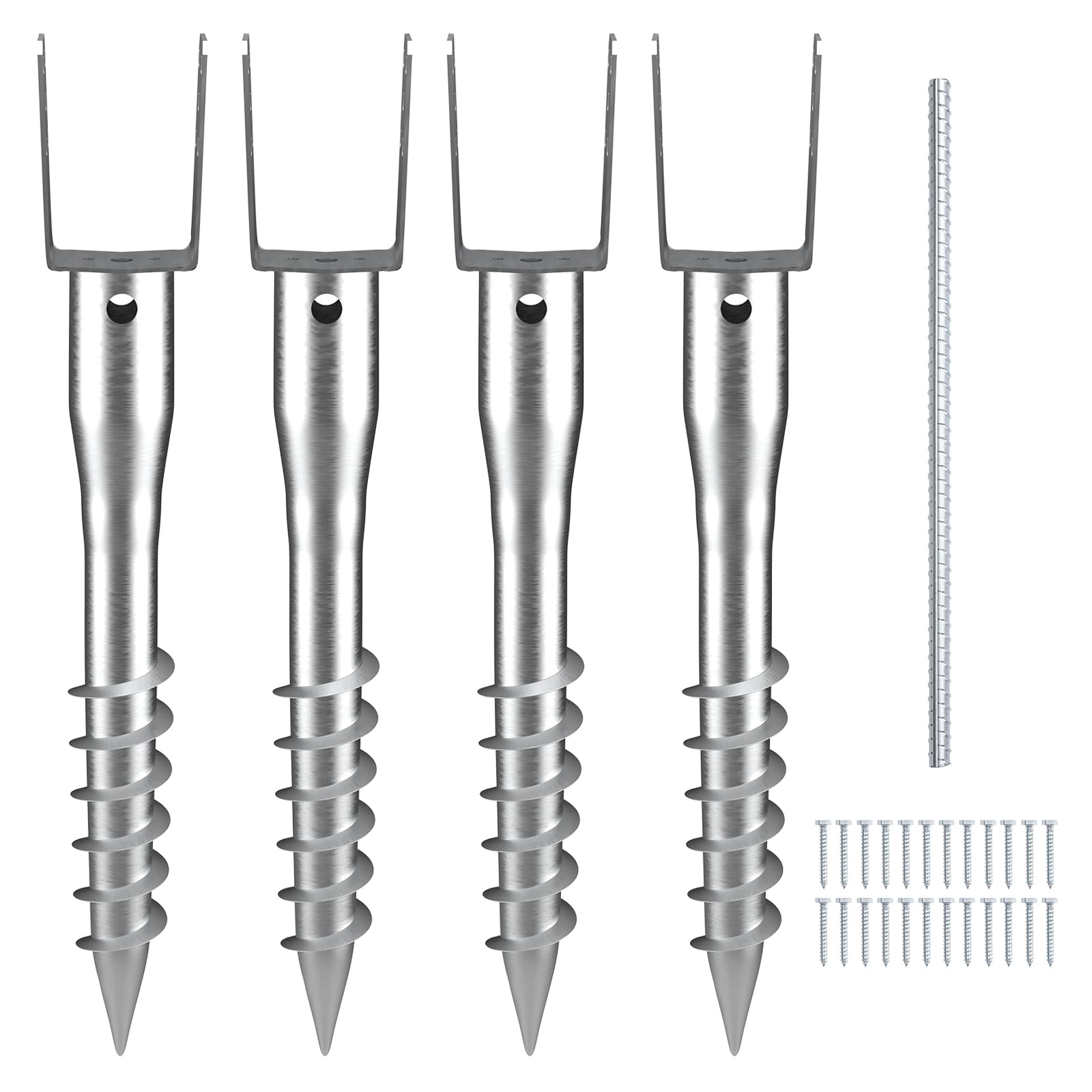 VEVOR front view of four packed ground screws showing complete kit benefit