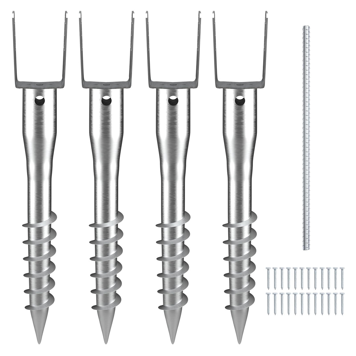 VEVOR front view of four packed ground screws showing complete kit benefit