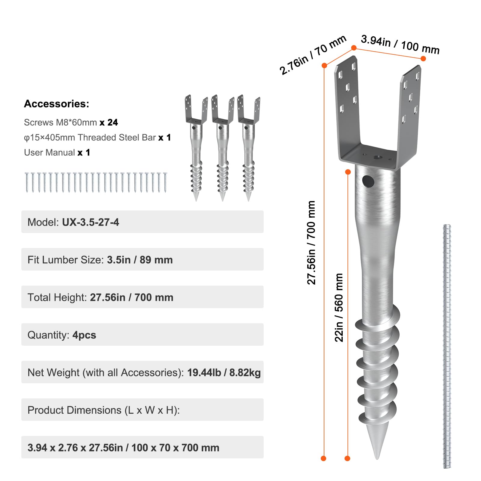 VEVOR ground screw next to ruler for scale ensuring correct sizing