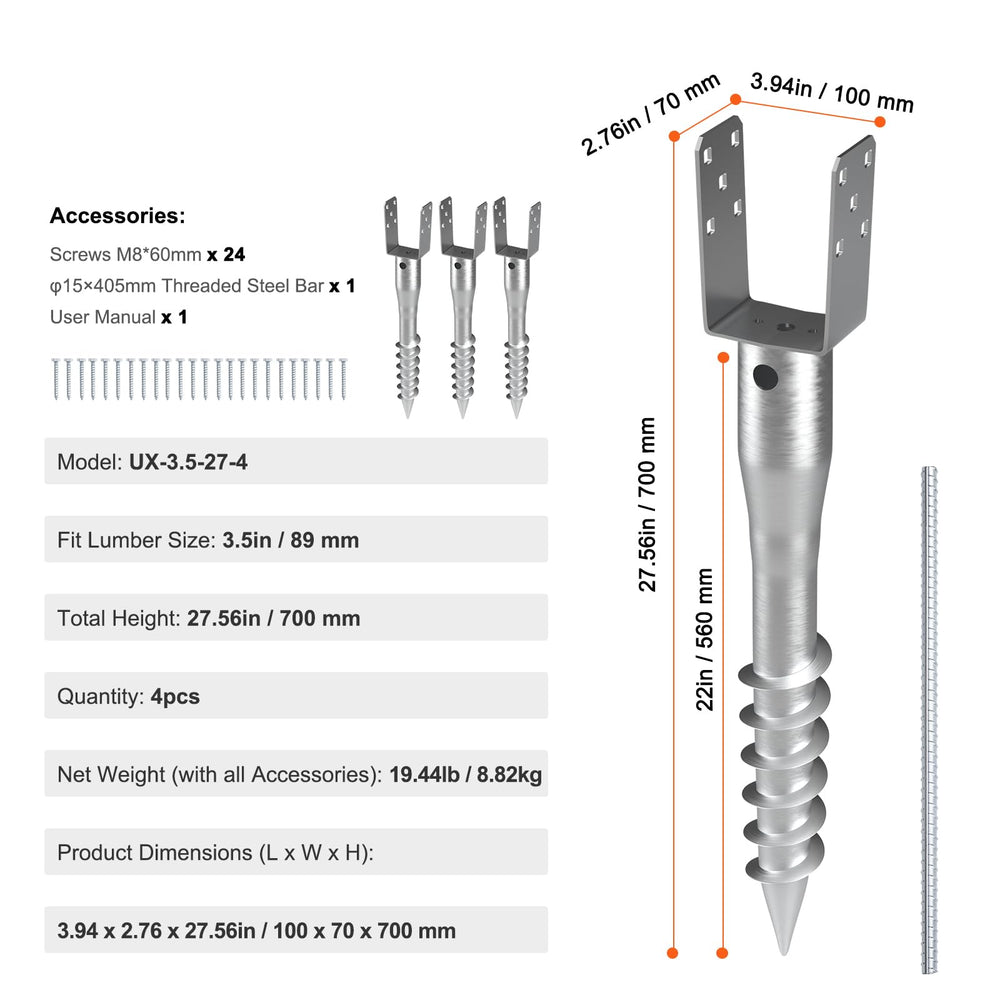 VEVOR ground screw next to ruler for scale ensuring correct sizing