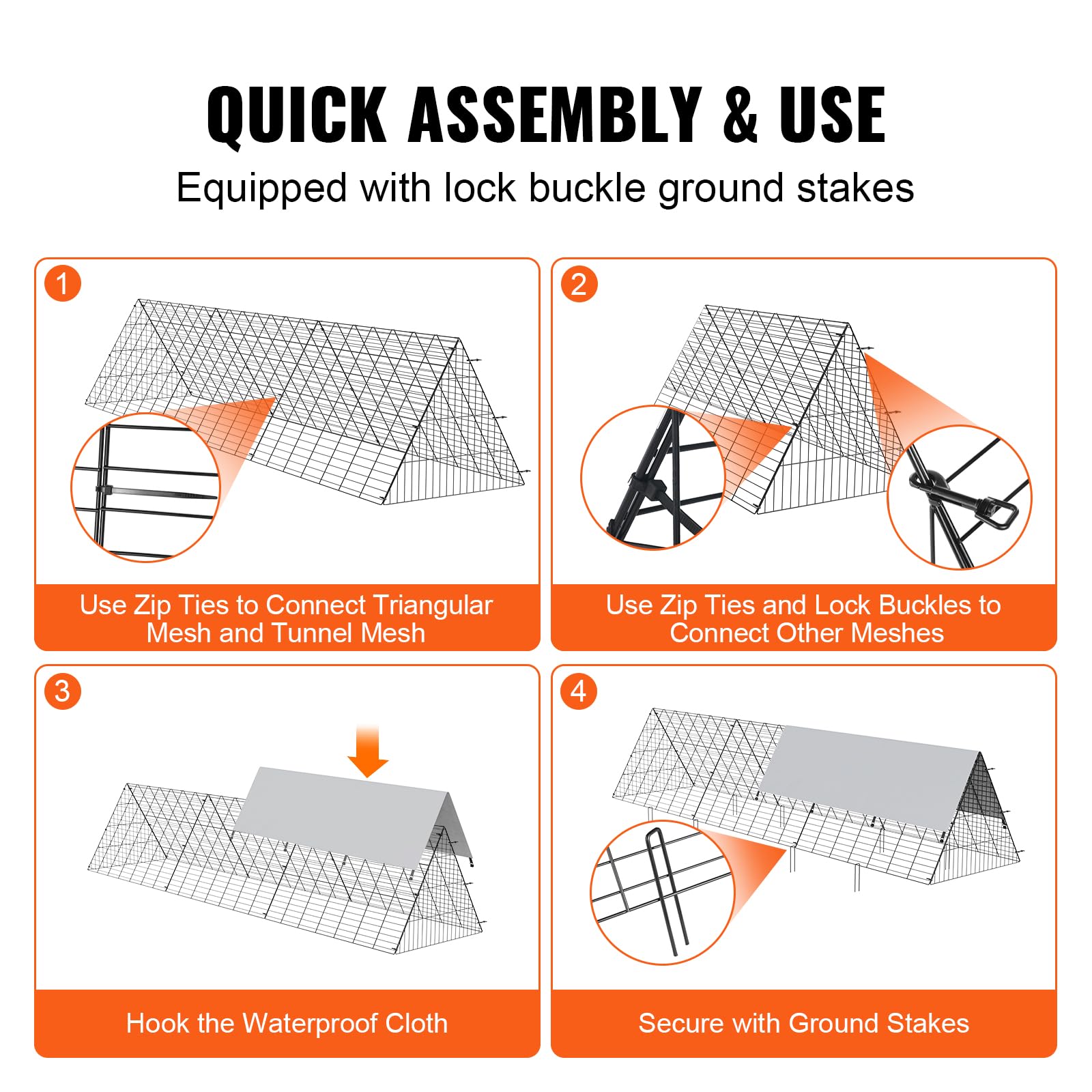 VEVOR ground stakes and lock buckles securing tunnel to ground for added stability
