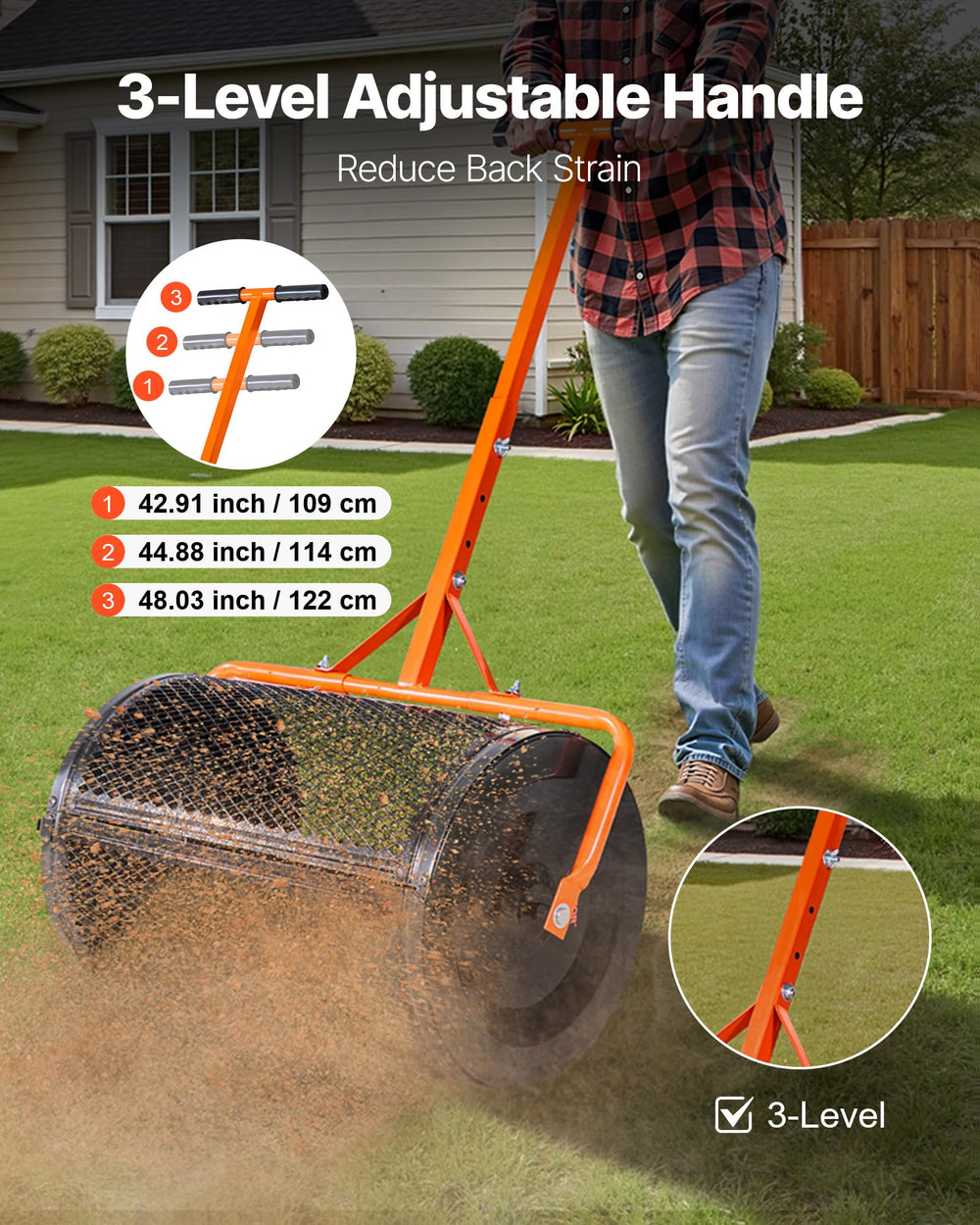 VEVOR adjustable T-handle close-up showing three heights for ergonomic use