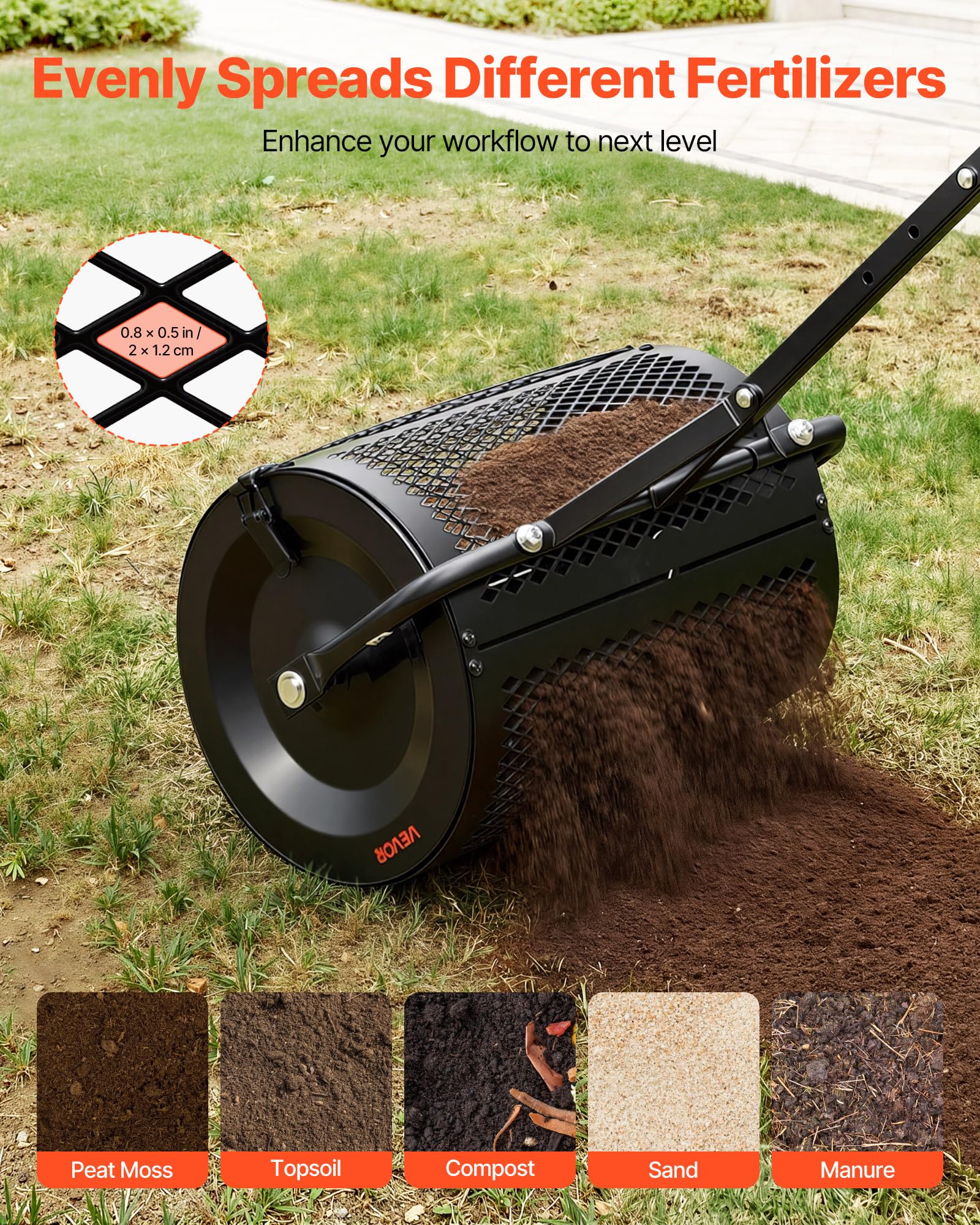 VEVOR adjustable T-handle detail showing three-height settings for ergonomic use