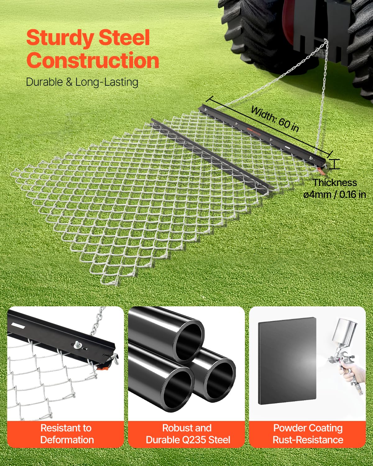 VEVOR close-up of chain tines illustrating soil breaking and smoothing