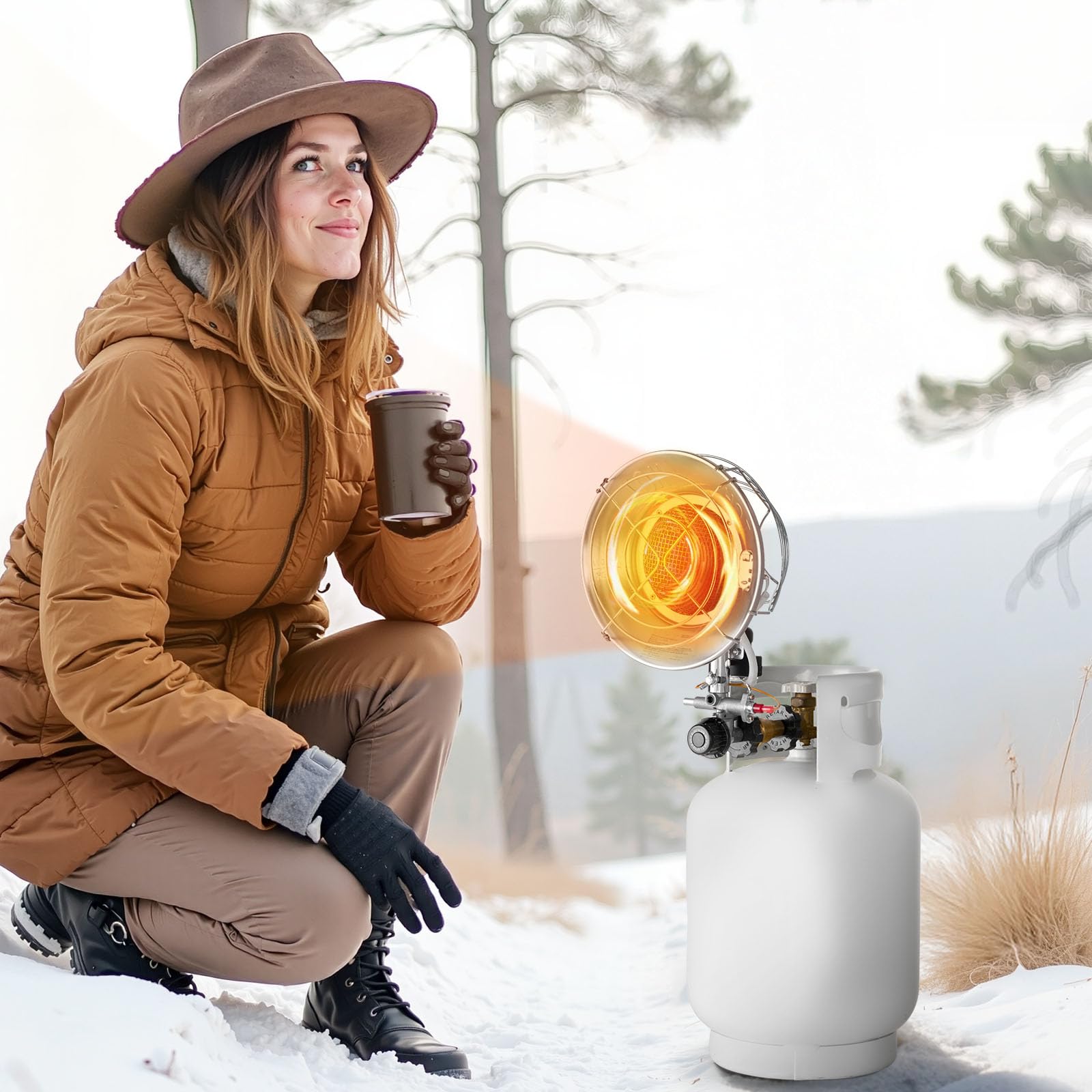 VEVOR next to a 20lb propane tank showing stable fit and runtime benefit