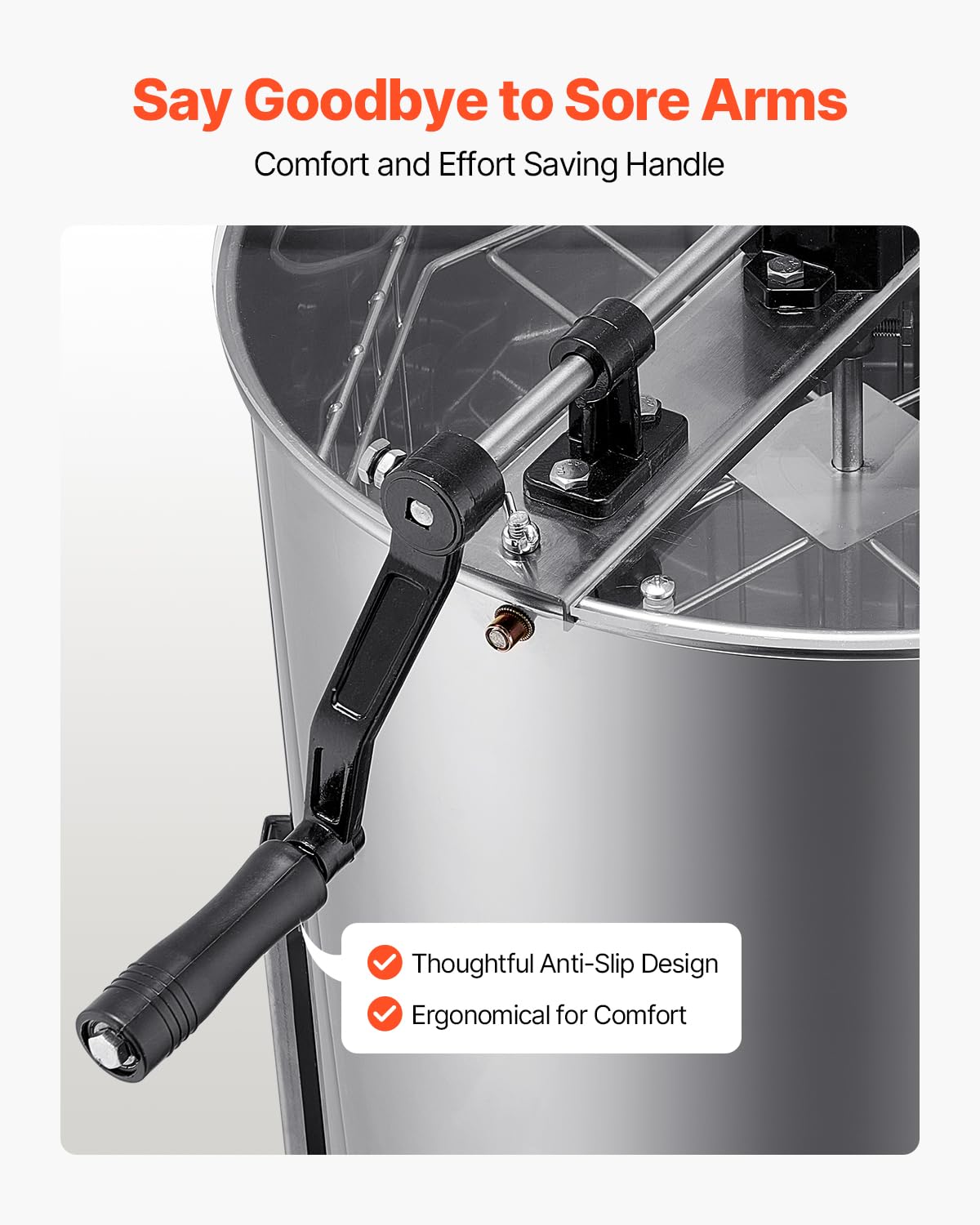VEVOR ergonomic crank handle detail showing anti‑slip grip and comfortable turning benefit