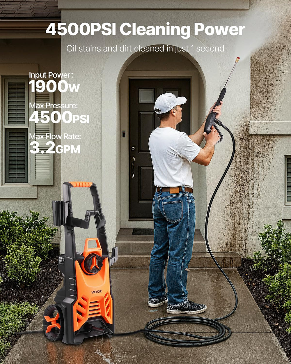 VEVOR hose and power cord neatly stowed on hooks for tidy portability