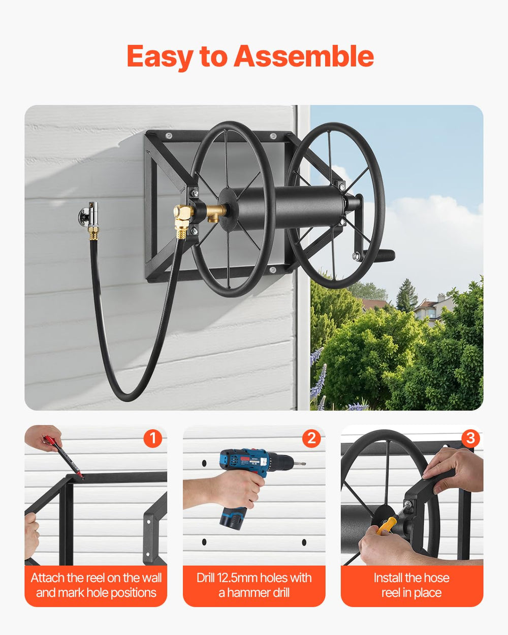VEVOR hose reel in use watering garden highlighting easy reel operation