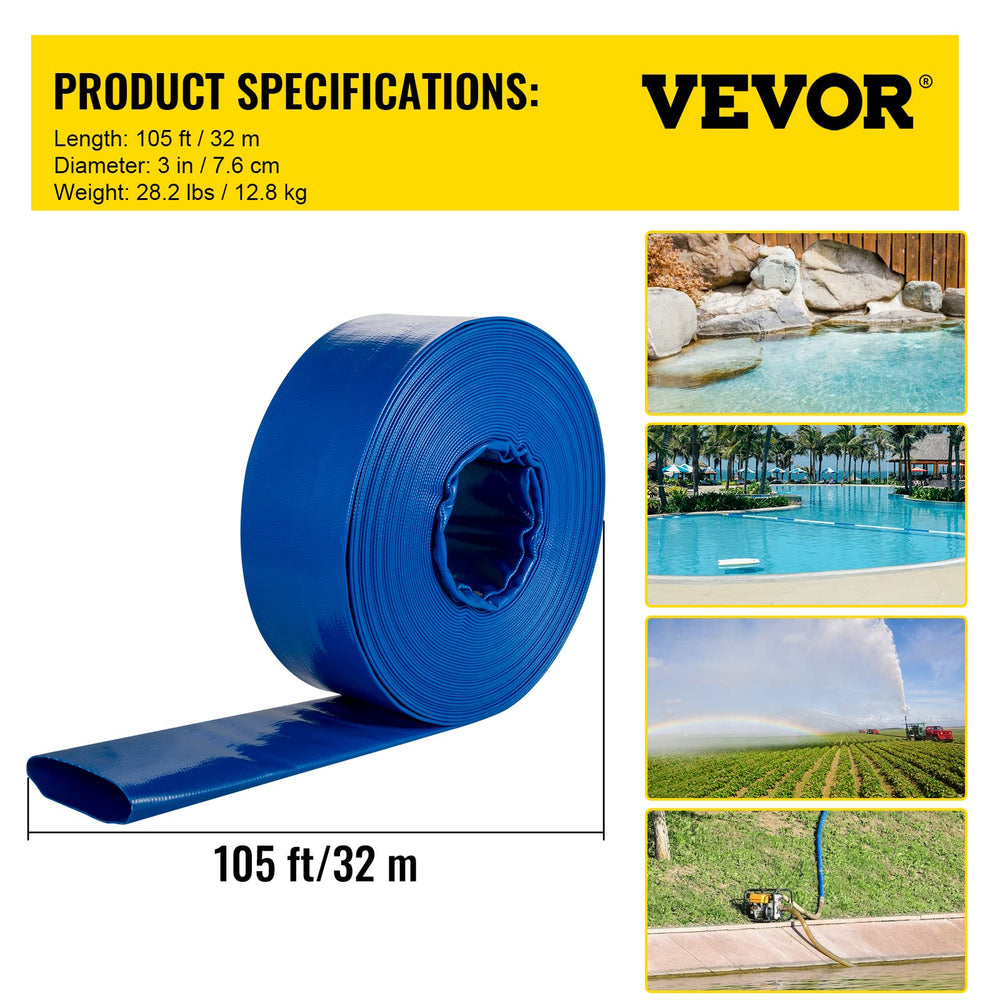 VEVOR hose stretched across yard showing full 105 ft reach for long transfers
