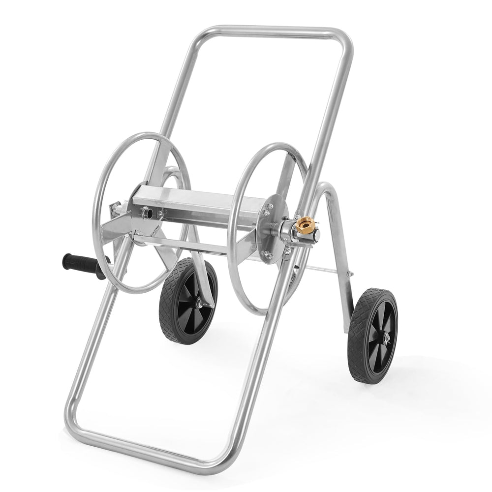 VEVOR front view of hose reel cart showing stable frame and reel for organized hose storage