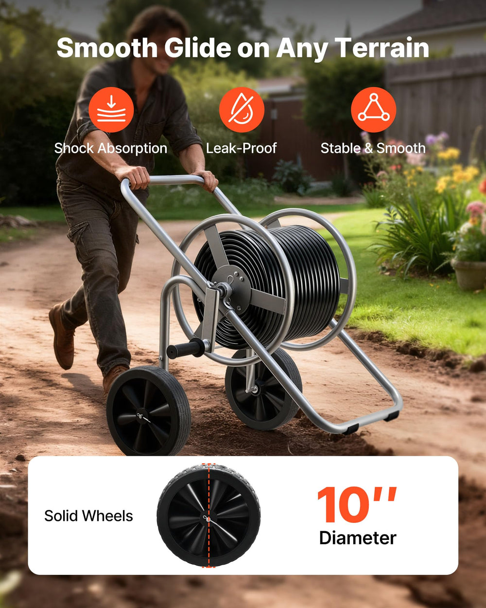 VEVOR non-slip wheel closeup providing traction and smooth movement on turf