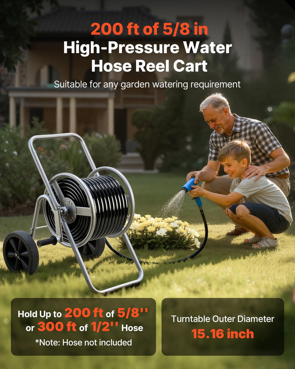 VEVOR widened drum detail illustrating large-capacity hose storage benefit