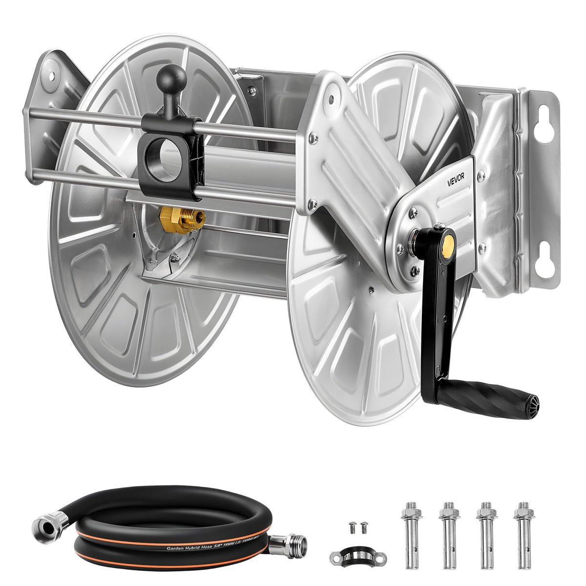 VEVOR front view of wall mounted hose reel showing neat coiling and space saving