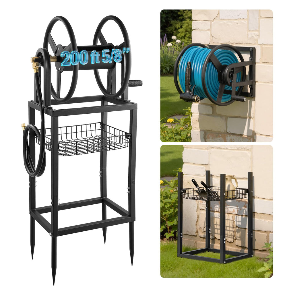 VEVOR front view of hose reel showing neat hose storage and easy access