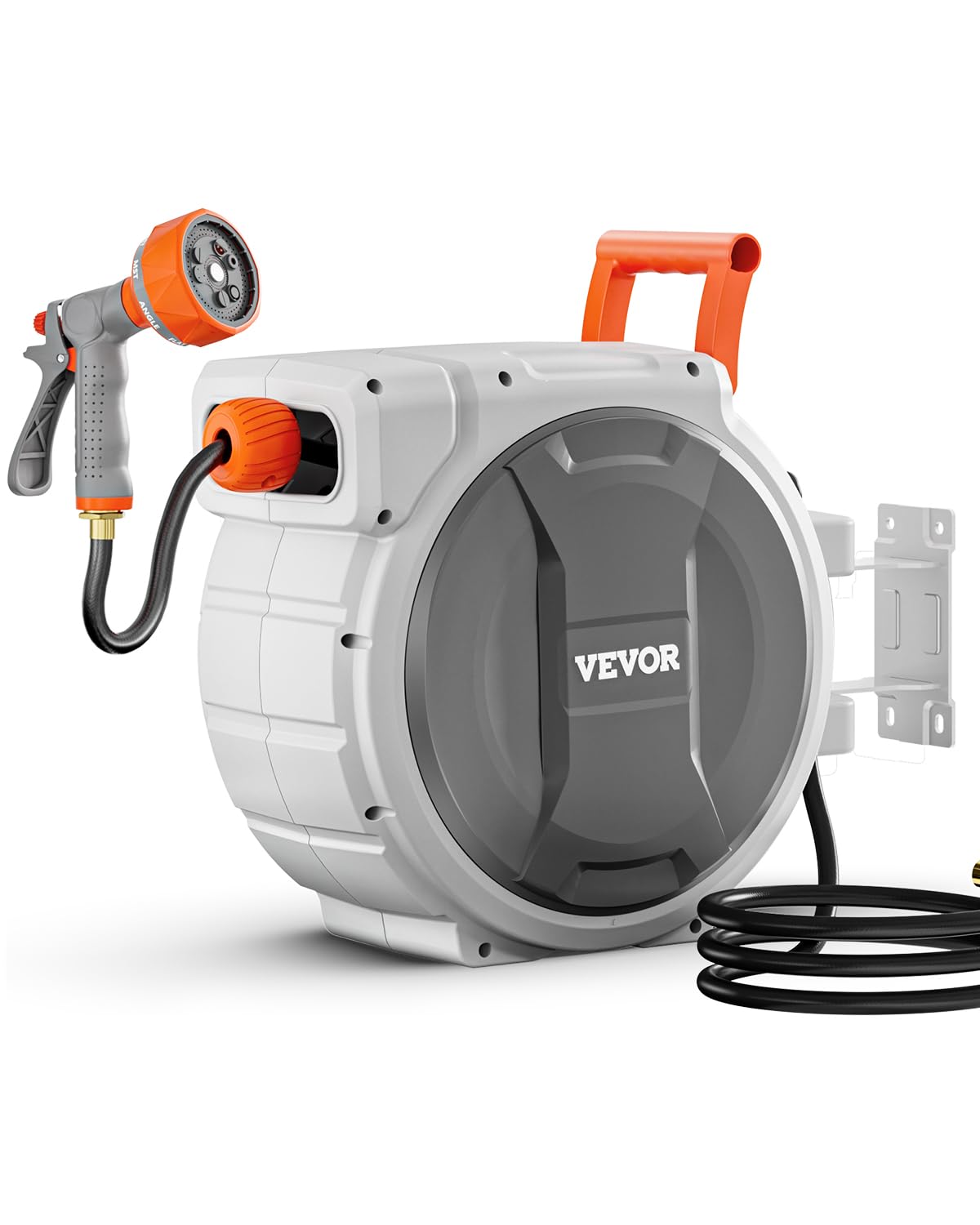 VEVOR front view of wall-mounted retractable hose reel showing tidy storage and durability
